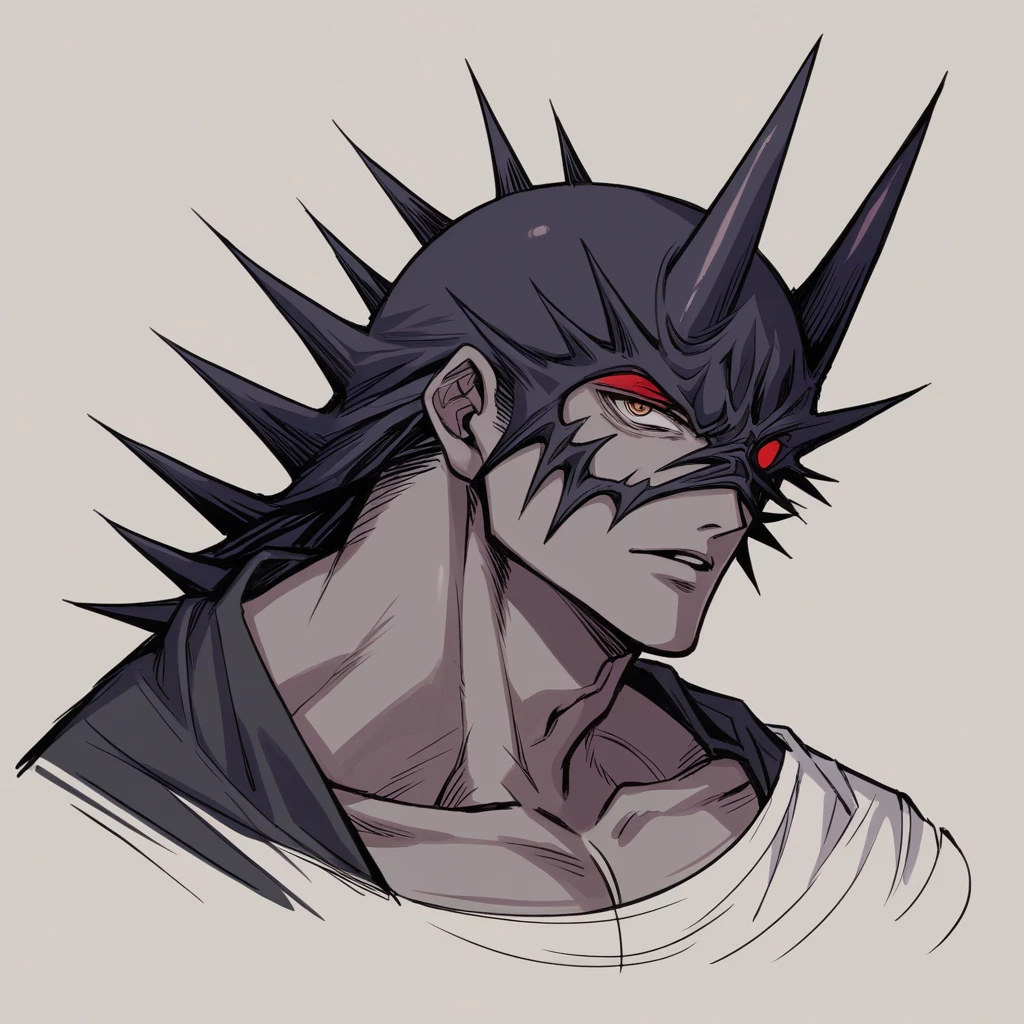 A demon from the anime Chainsaw Man, he has a gray muscular body, dark gray skin, wearing no shirt, fully body, black hands, and look fierce, Human lips, bonitas, handsome, Demonic, simple background. Foco no rosto do personagem, demonic. normal lips, sores on the lips, cicatrizes no fully body.