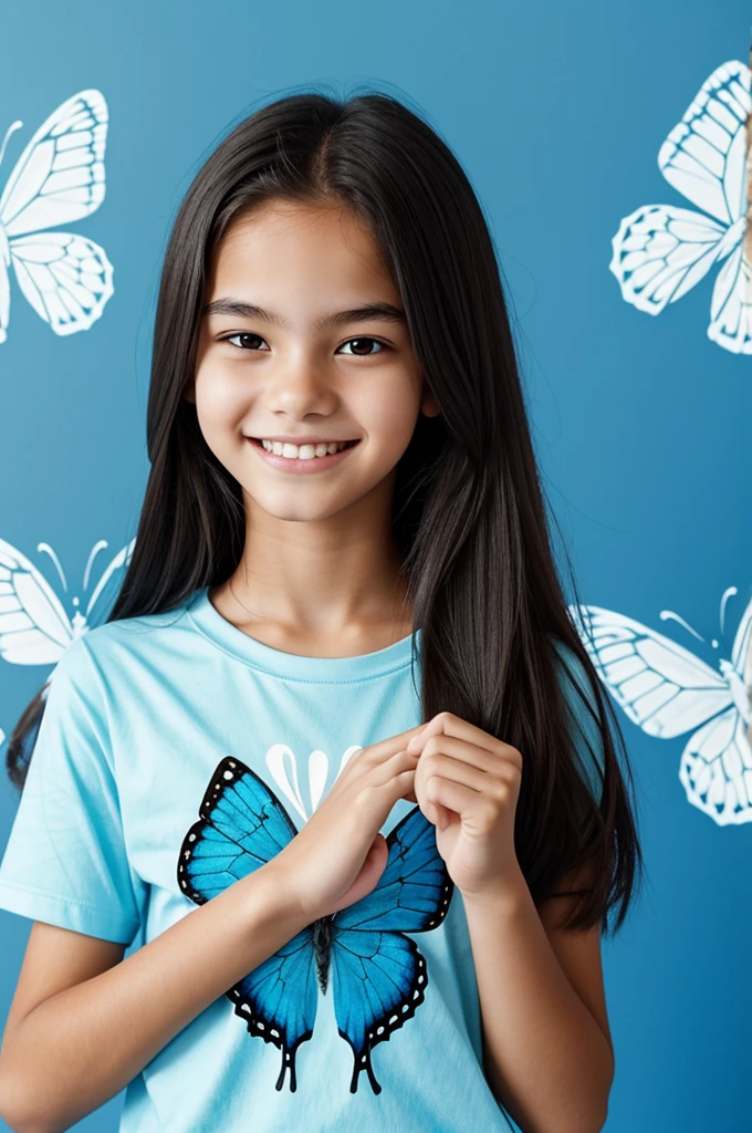 Generates images of a pretty and thin 16-year-old ager in the real world from the shoulders up who is smiling, with loose hair, The background is a black and white room that looks very realistic, with a light blue t-shirt with a butterfly print