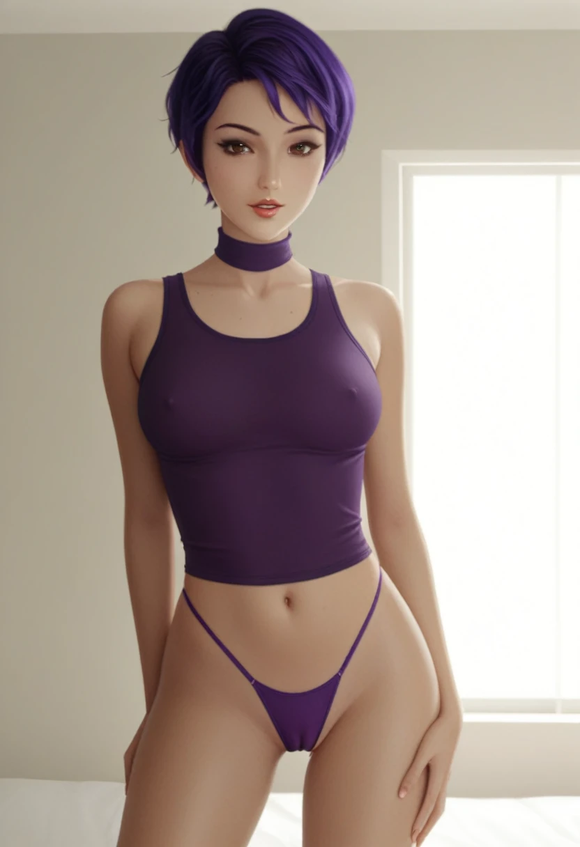 score_9_up, score_8_up, score_7_up, 1girl, solo, mature female, ((Sabin Wren)), purple short hair, pixie haircut, brown eyes, pink lips, parted lips, fit slim body, (((white deep neck tank, purple tight thong, cameltoe ))), (((dark grey Starship room, space in the porthole, detailed furniture, highly detailed interior, blue led backlight))), perfect model body, seductive pose