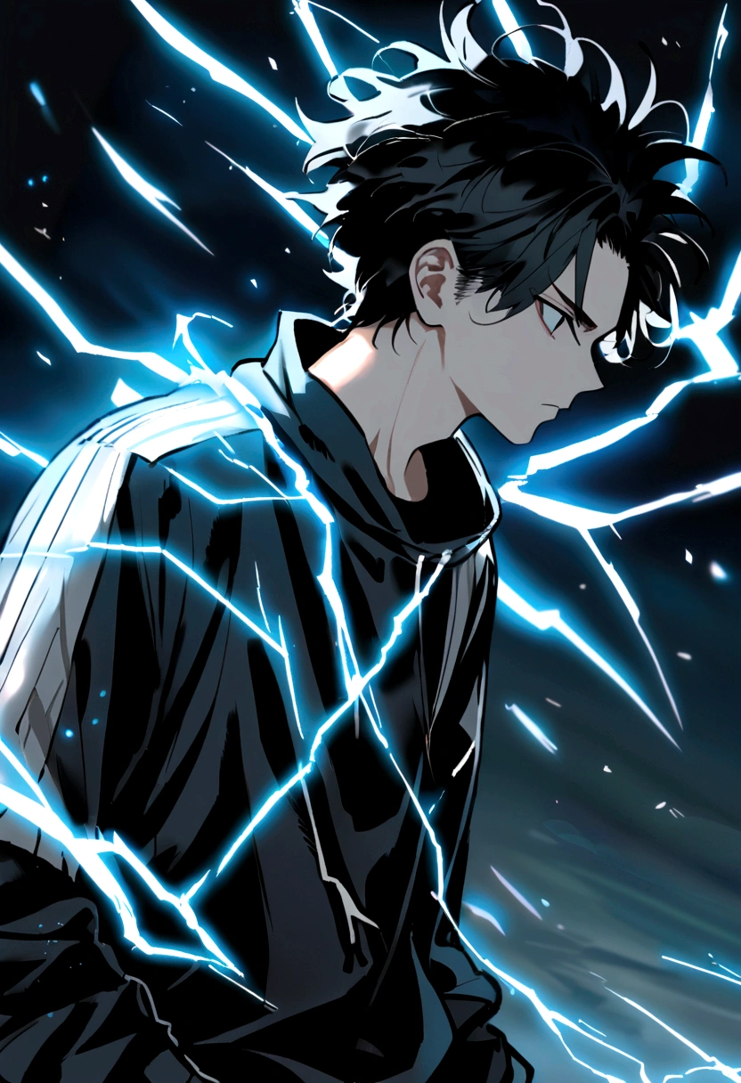 Man Long black hair black and white sweatshirt with electricity on his body