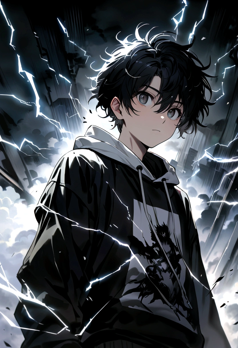 Man s old Long black hair black and white sweatshirt with electricity on his body