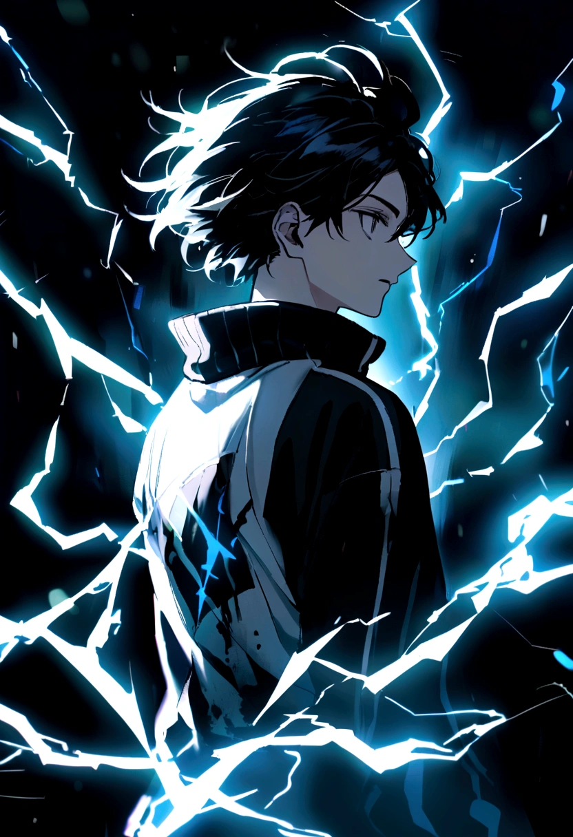 Man  Long black hair black and white sweatshirt with electricity on his body