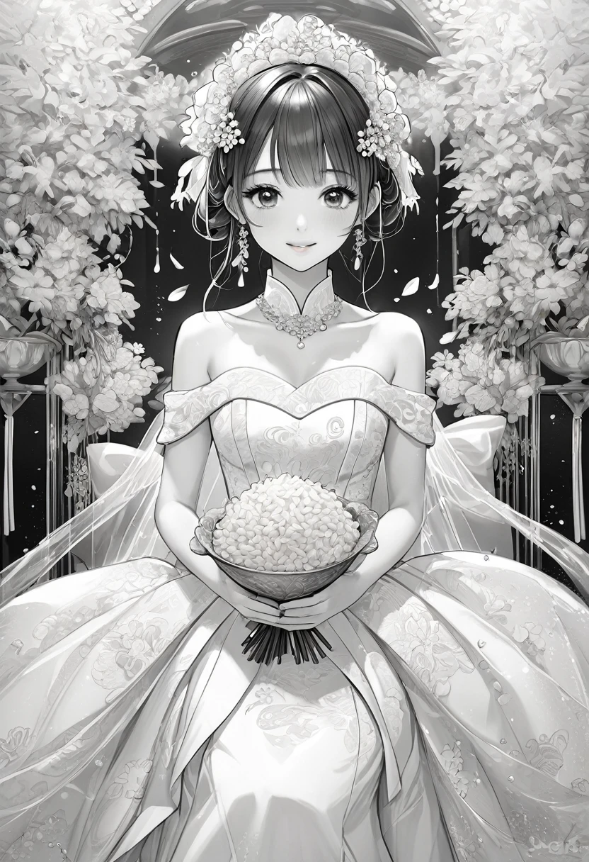 generates a black and white anime-manga style image of a lady with a bouquet of flowers in her hand.