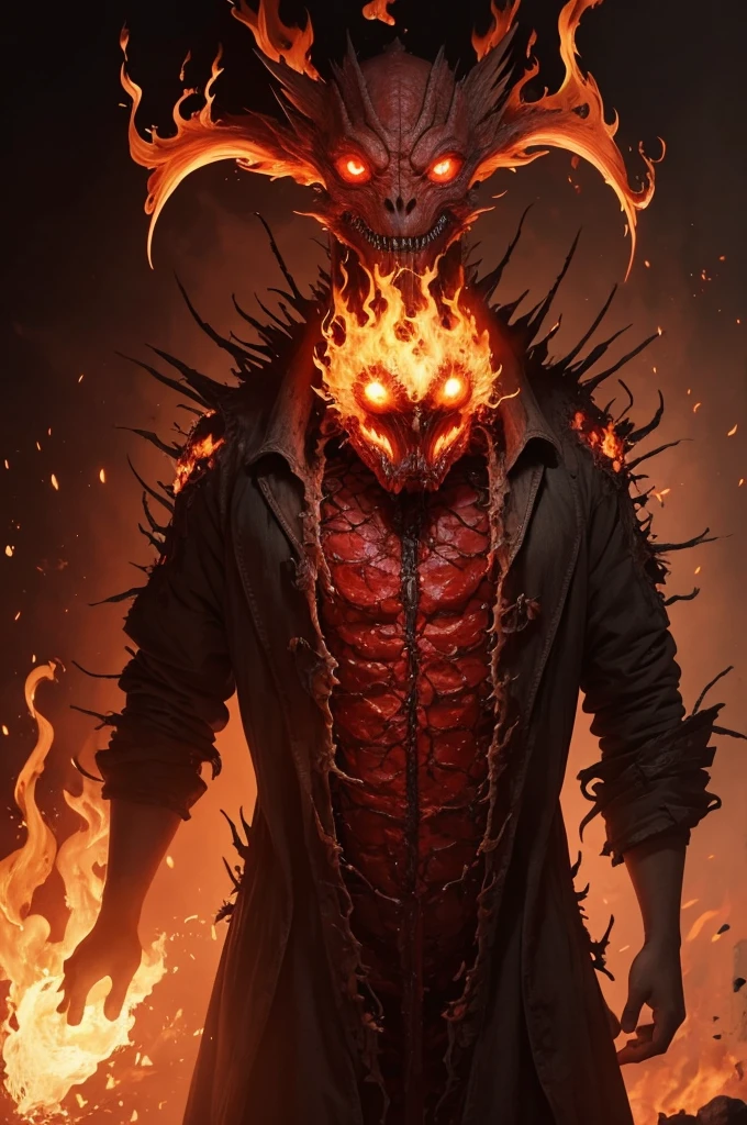 Creature with a flaming head, It has no body, your organs hang from your head, has pale skin and flaming eyes and hair
