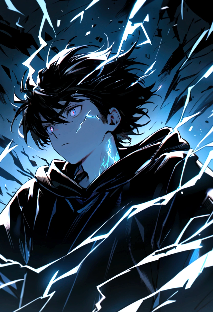 Man 17 years old Long black hair black and white sweatshirt with electricity on his body
