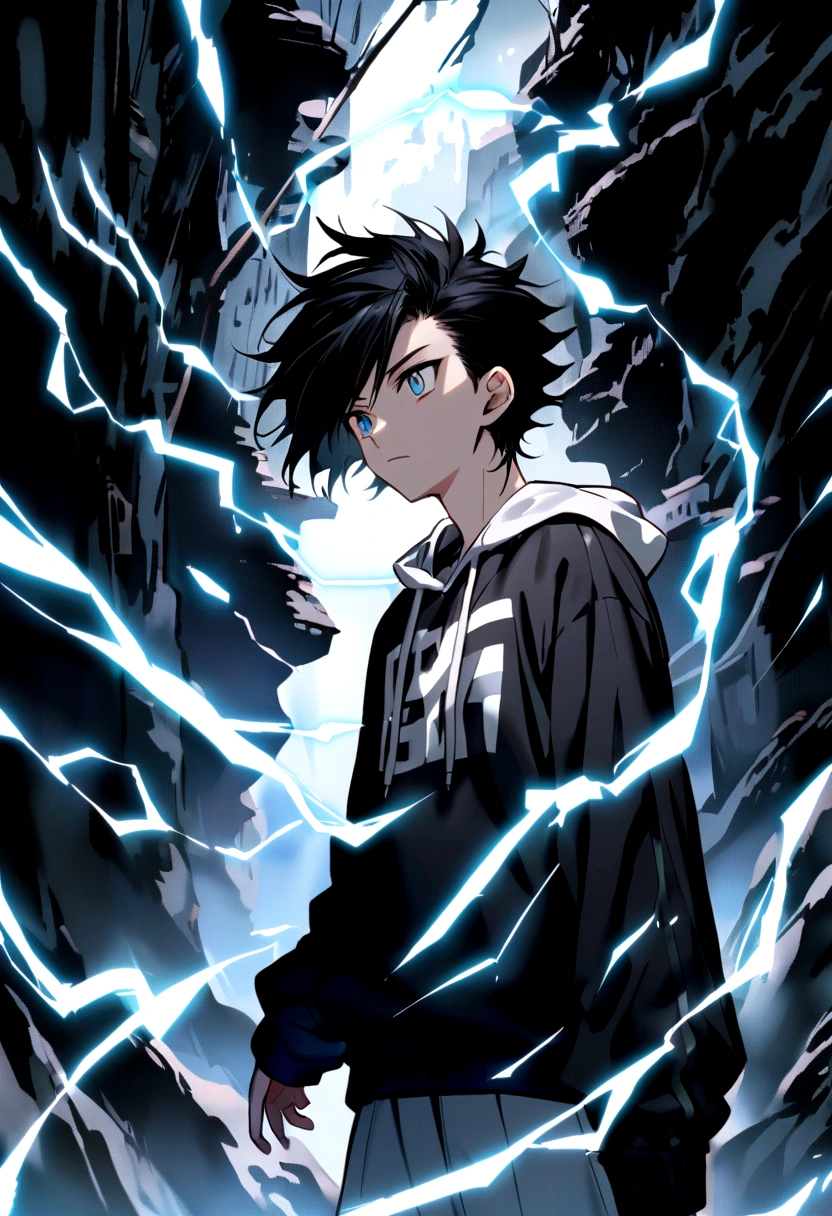 Man 17 years old Long black hair black and white sweatshirt with electricity on his body