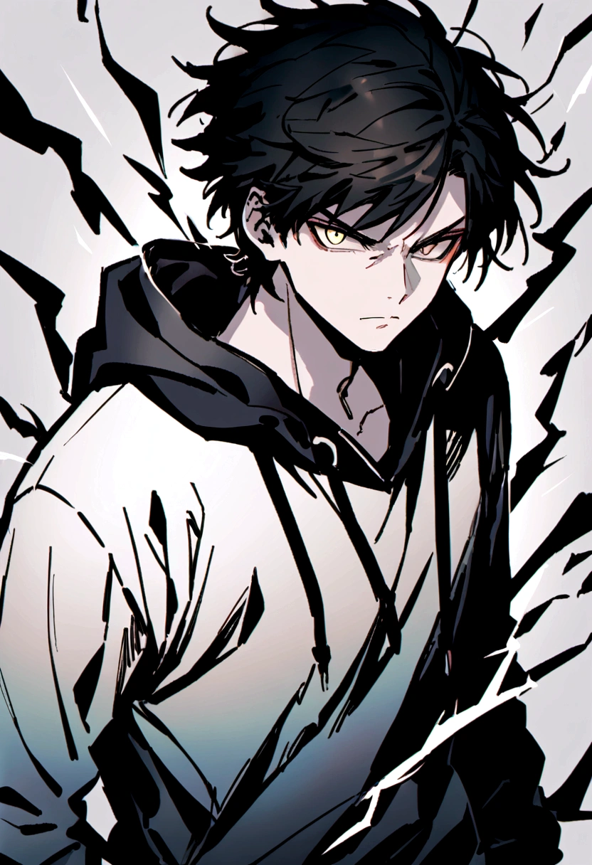 Man 17 years old Long black hair black and white sweatshirt with electricity on his body