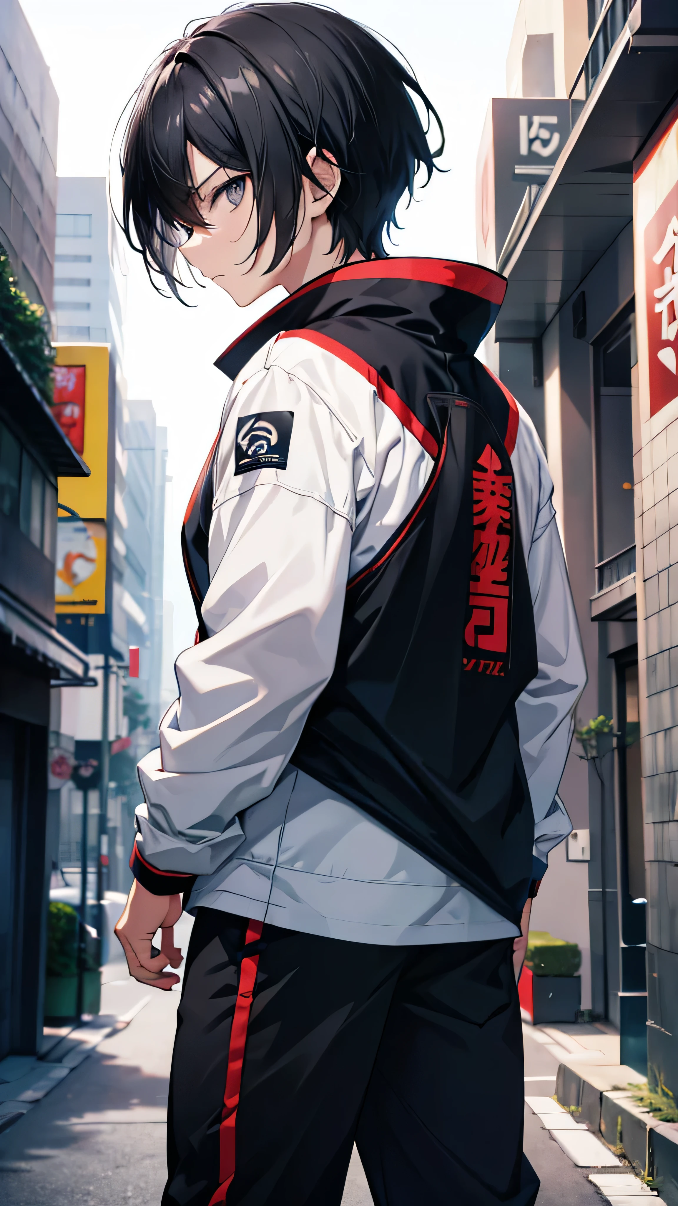 profile background, anime boy, serious face, black hair, grey eyes, martial arts clothing, high-res portrait, detailed eyes and face, character, fantasy, advanced urban, looking from behind at viewer, 4K, high resolution