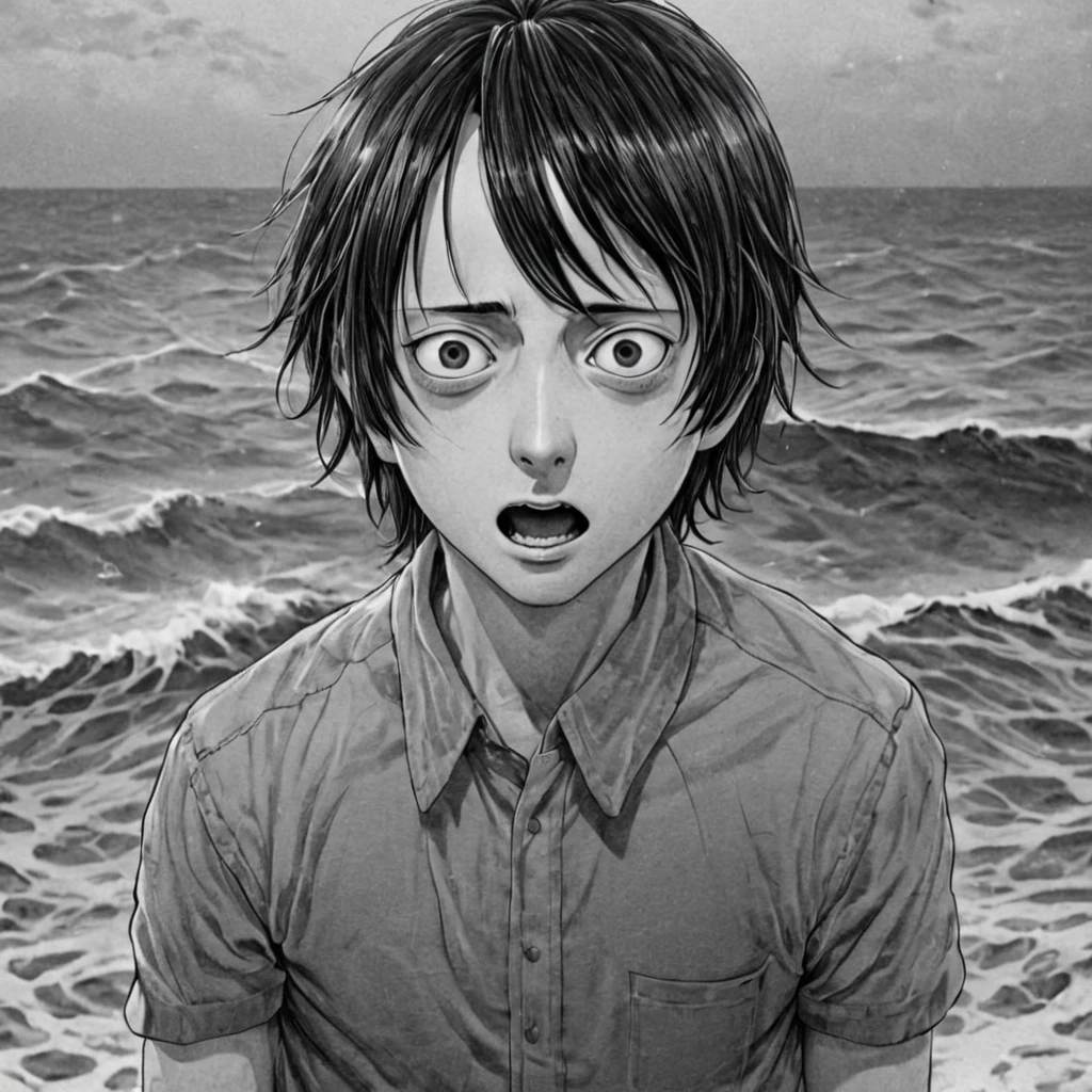 angry man parting the sea in the middle, (anime), bizarre scenario, This is Junji, Yusuke Murata, black and white, 8K, anime, horror