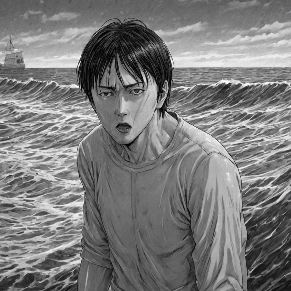 angry man parting the sea in the middle, (anime), bizarre scenario, This is Junji, Yusuke Murata, black and white, 8K, anime, horror