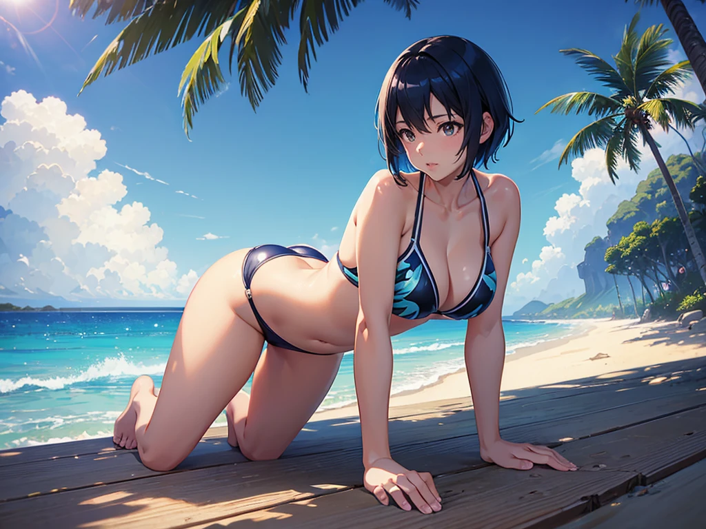 master piece, extremely detailed, high resolution, Makoto Shinkai style, girl, beachside background, tropical island, on all fours, glossy plump lips, glossy hair, short hair, looking at camera, blue hair, bikini, bikini swimsuit,