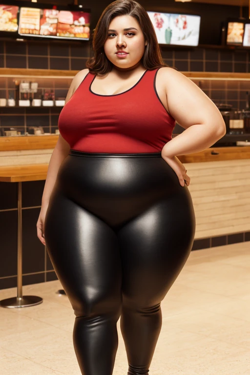 Latina woman, long brown hair, BBW, plus size milf body, chubby figure, chubby face, attractive face, mascara, red lips, beautifully detailed eyes, confident expression, walking down the streets of Miami, looking at viewer, (wearing red tank-top, shiny black leggings and golden bracelets), standing in a fast food restaurant, wide hips, large thighs, beautiful thick female, thick thighs, she has a jiggly fat round belly, she has a wide load butt, best quality, cinematic lighting, detailed background, soft volumetric lights, intricate details, (ArtStation:1.2)
