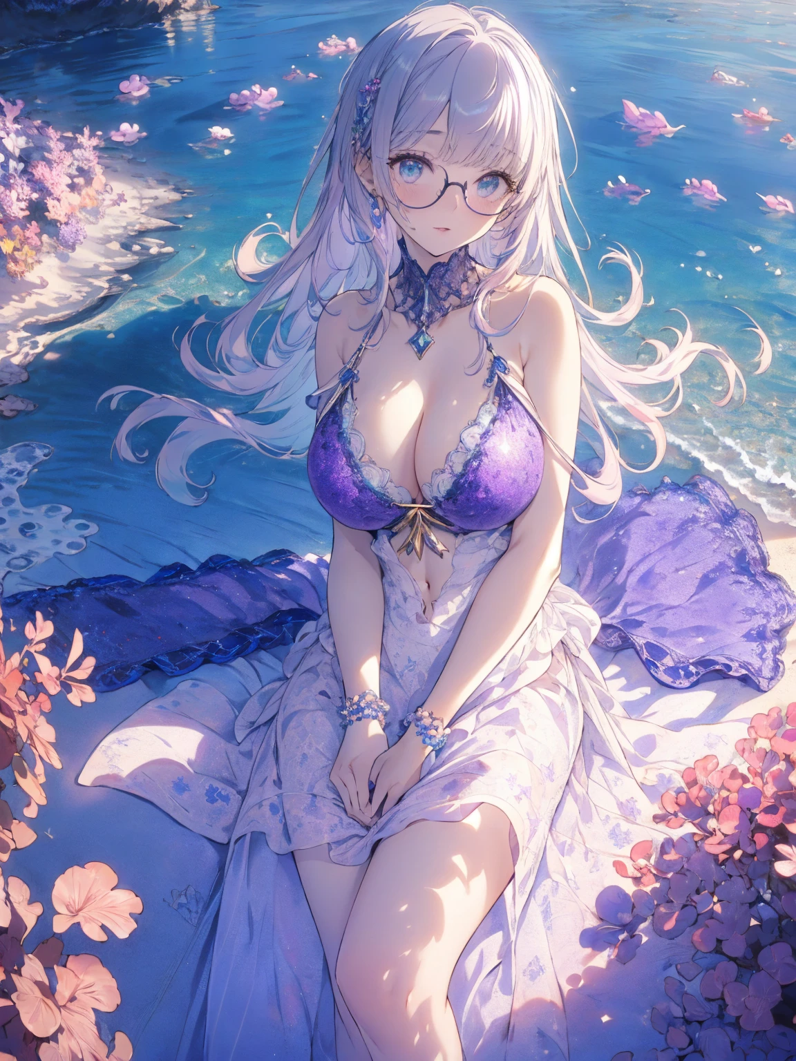 (seaside photo:1.1, in blue marine:1.5), Masterpiece, best quality, (very detailed CG unity 8k wallpaper), (best quality), High definition RAW color art, Animation,sculptures, (pink Marble Skin), (((Ultra detailed elegant))), Magical atmosphere, Detailed skin, Texture,(Intricately detailed, Fine detail, ultra-detail art), depth of fields, bokeh, Silky Touch, Hyper Detail, beautiful eyes, Elegant Face, (lying on pastel purple waterfront), sparkle background, enormous breast:1.3, (silver hair), pastel purple, fat, embarrassing red face, wide open udder, shorthair, Round Glasse:1.4, bikini