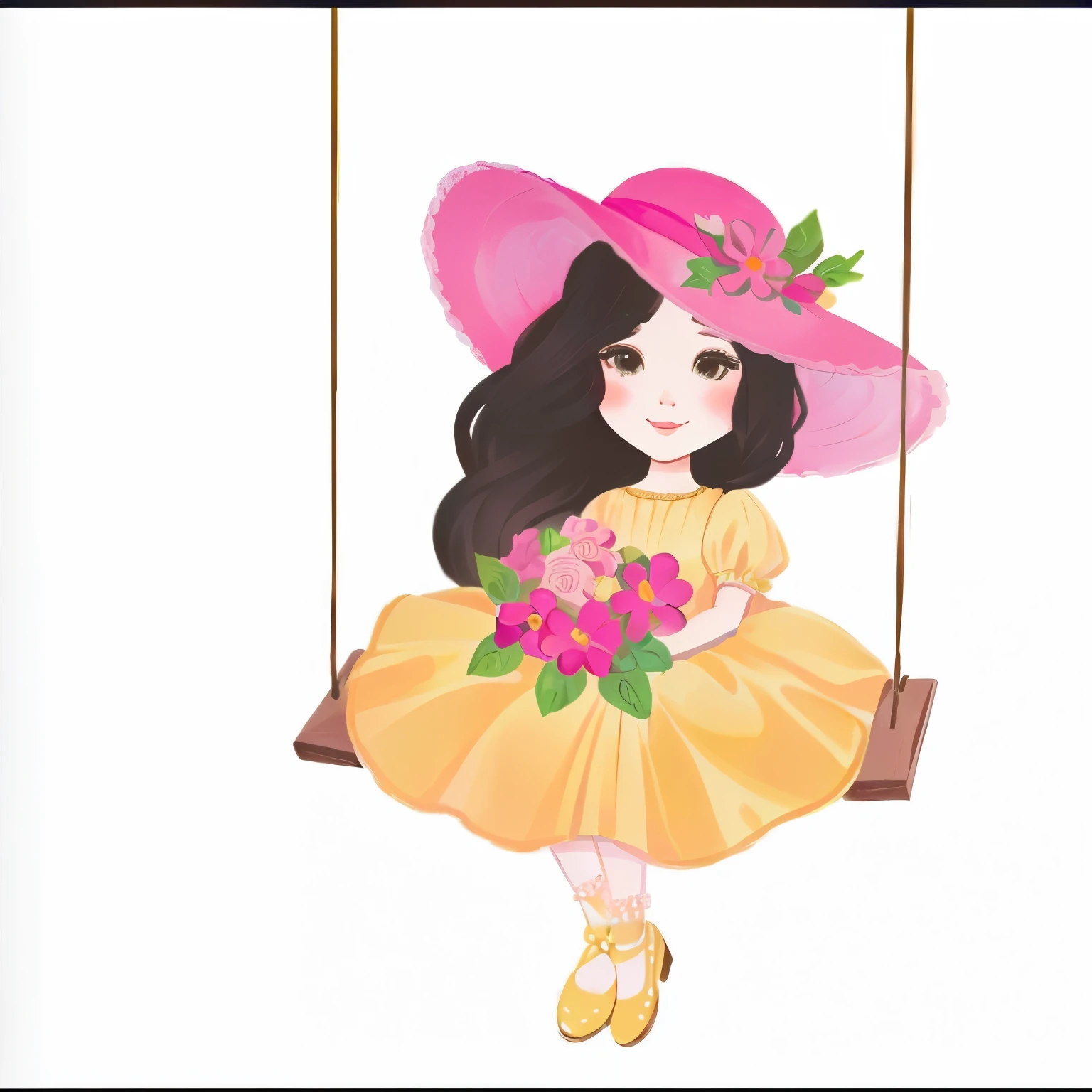 there is a girl in a yellow dress and a pink hat on a swing, illustrated in whimsical style, fluffy woman, Beautiful girl, cute digital art, art admirer, cute illustration de livro de histórias, cute art style, official art admirer, cute illustration, cartoon style illustration, by Maria Anjo, made with illustrator, elegant girl, book illustration , cute art, added detail