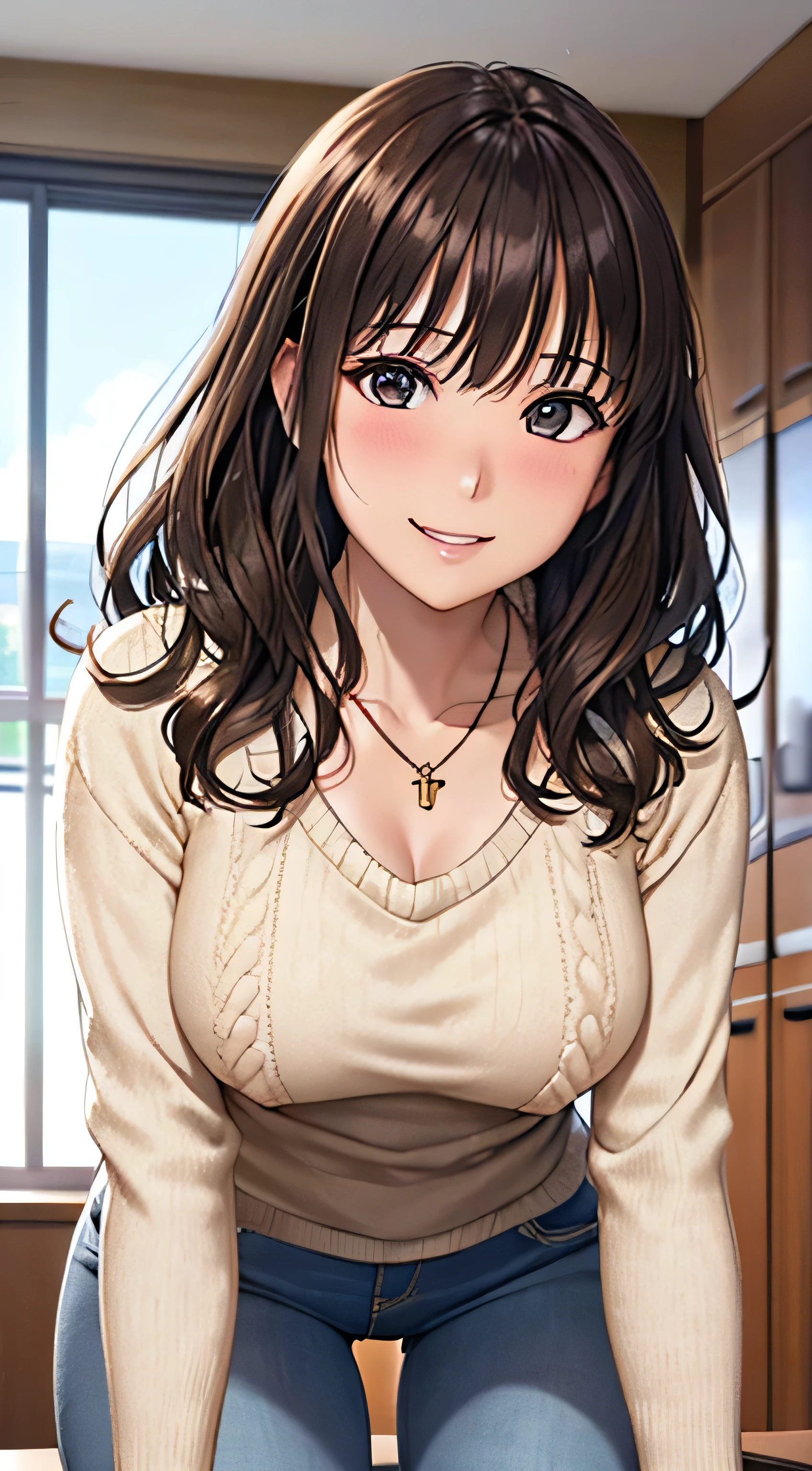 ((Tabletop, Highest quality, High resolution, , Pixel Perfect, 4K,))), 1 female, 、The whole body is visible、 ((Long Wavy Hair, bangs, Brown Hair)), ((Brown eyes, Beautiful eyelashes, Realistic eyes)), ((Detailed face, Blushing:1.2)), ((Smooth texture:0.75, Realistic texture:0.65, Realistic:1.1, Anime CG Style)), Medium sized breasts, Dynamic Angle, Perfect body, (( , , Light beige sweater、No bra、、 Tight jeans pants、、、)), Gold Hair Ornament、Cross Necklace、、Very embarrassing panic smile, 、、、、、、Nipples are slightly visible、、、sitting on top a table、、Luxury apartment kitchen、、、、、、 、)、