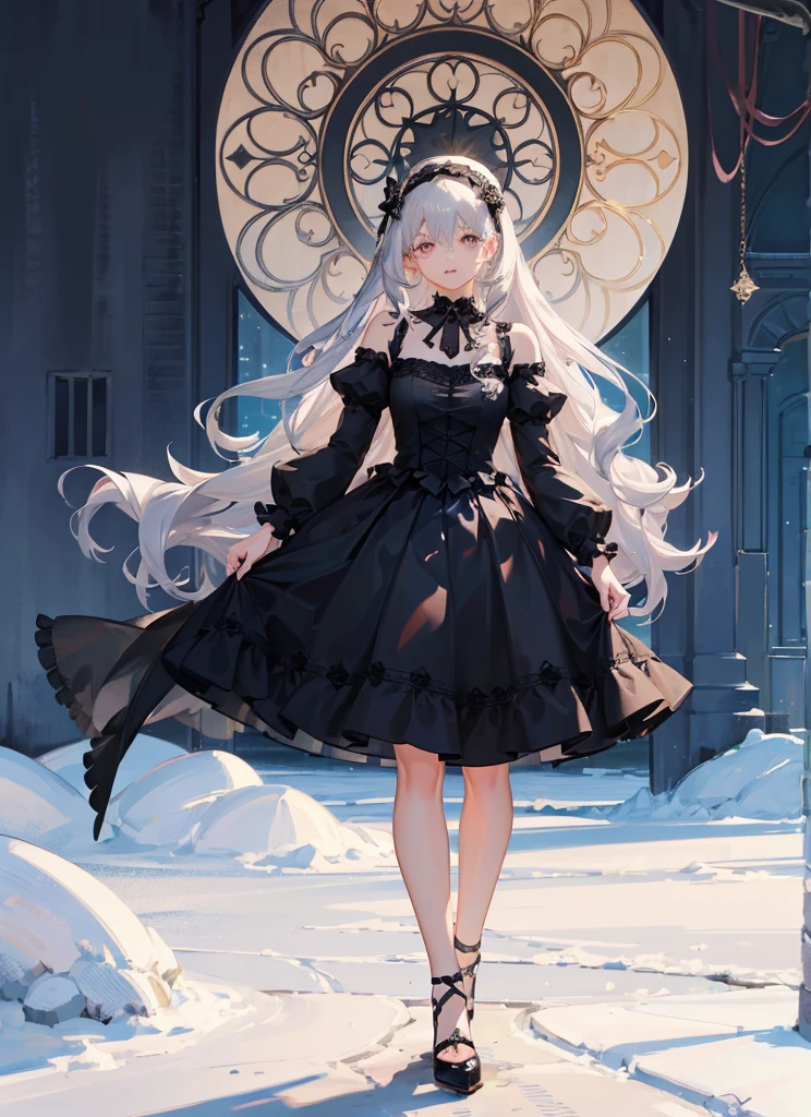 (Extremely delicate and beautiful:1.5), Highest quality, A Russian girl in her early 20s with ash grey hair, standing on your feet, solo, full body,Sweet face,Light smile,By bangs, Gemstone eyes, Contre-Jour,Long curly hair, Black-gothic-lolita dress, Keep one's gaze into the distance, seen from the side, lanterns, light particules, longer sleeves, looking at viewert,pink bows, The background is filled with seven color lays, The face is dense((must)), Masterpiece, Dark fantasy((must))