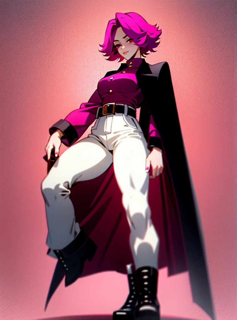 1 girl with short tangled pink hair, with orange tips, red eyes, a pink mole below her lip, a dark red jacket that reaches her knees, white pants with a black belt with dark red, black boots