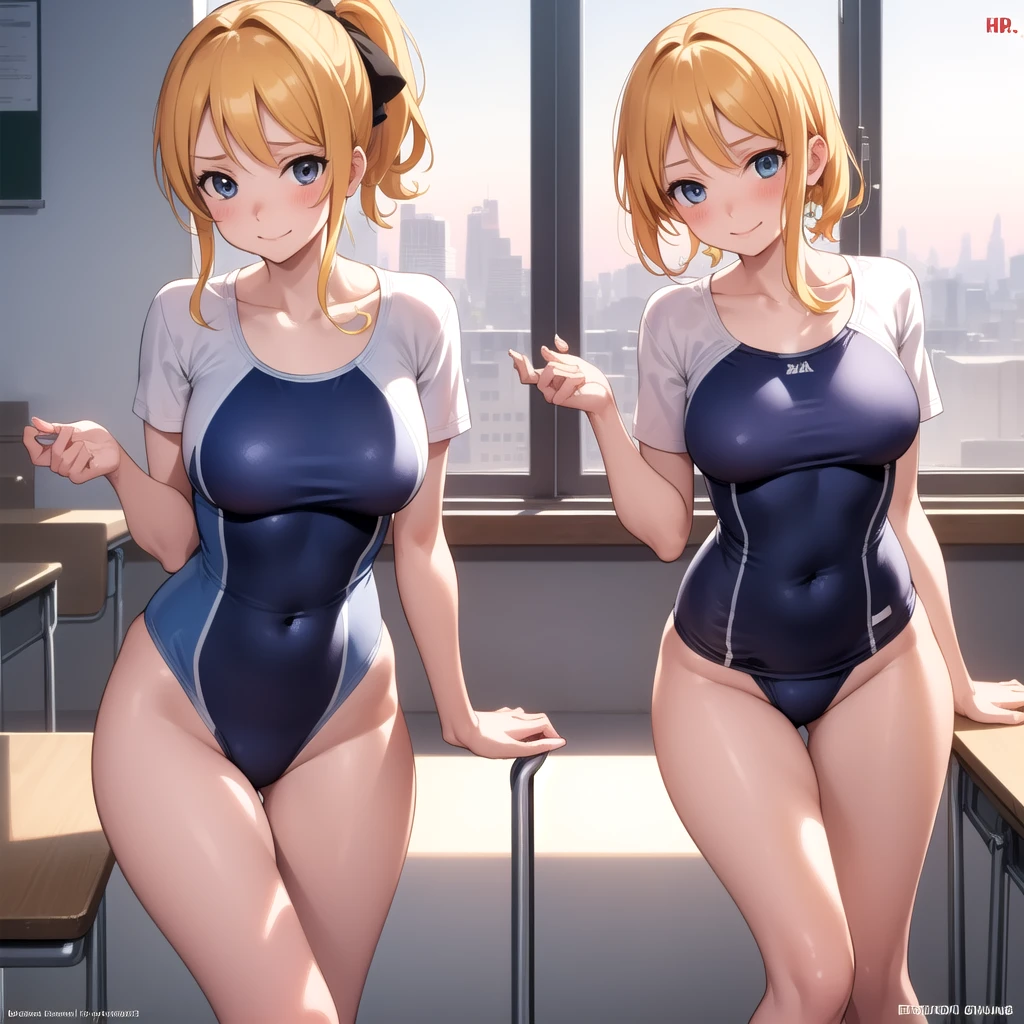 Eri Aase,Eliase, catalyst, Yellow Hair, blue eyes, ponytail, Hair Ribbon, break otonokizaka , pleated skirt, , Short sleeve, skirt, Summer clothes, break looking at viewer, break indoors, classroom, break (masterpiece:1.2), Highest quality, High resolution, unity 8k wallpaper, (figure:0.8), (Beautiful attention to detail:1.6), Highly detailed face, Perfect lighting, Highly detailed CG, (Perfect hands, Perfect Anatomy),Highest quality, masterpiece, High resolution,8k wallpaper,whole bodyイラスト,whole body,one-piece swimsuit,Swimsuit,One piece swimsuit,High leg,背景classroom,Embarrassed face,Watching the audience,blush,smile,Smiling,制服の下にSwimsuit,制服の下にOne piece swimsuit,School swimsuit under uniform,Swimsuit under uniform,swimsuit under clothes,skirtリフト,制服の下にSwimsuitを着込んでいる,制服の下にOne piece swimsuitを着込んでいる,Perfect description,Anime Style,Anime Art,