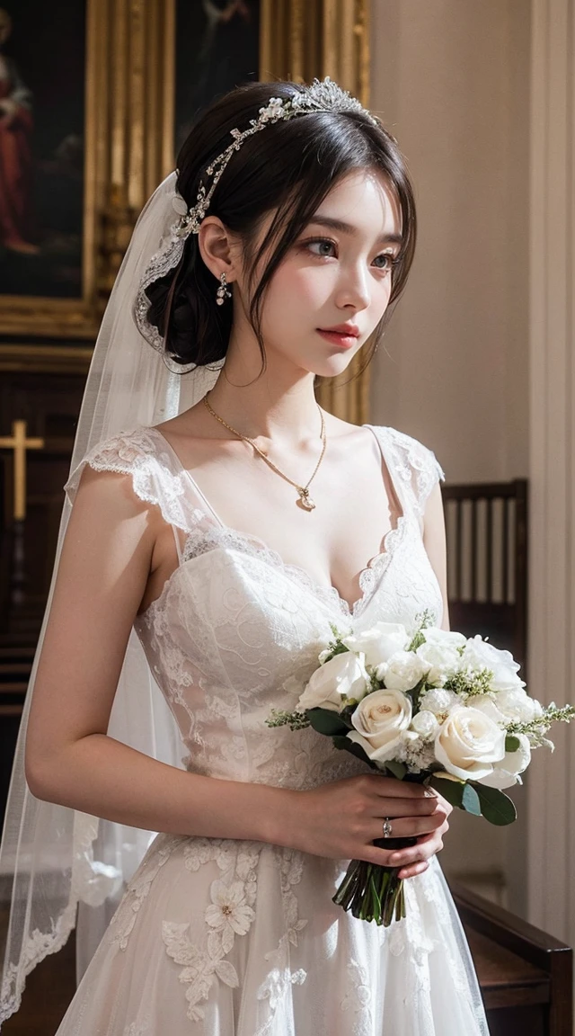 Top-quality Realistic, Official art, Highly detailed CG Unity 8k wallpaper,(masterpiece:1.3), (8k, photorealistic, RAW photo, best quality: 1.4), (1 girl), pretty face, (realistic face), (black hair, medium hair:1.3), beautiful hairstyle, realistic eyes, detailed fine eyes, (realistic skin), beautiful skin, (ed top), absurd, attractive, super detailed resolution, surreal golden ratio, very detailed, Full body, Japanese Idol,(Floral lace Wedding dress:1.3),BREAK,(Heart shaped necklace),(Triangle ornament earrings),BREAK, (gentle smile like a goddess),(in church surrounded by a majestic baroque atmosphere:1.2),standing position, Hold a large bouquet in front of your chest, Wide View
