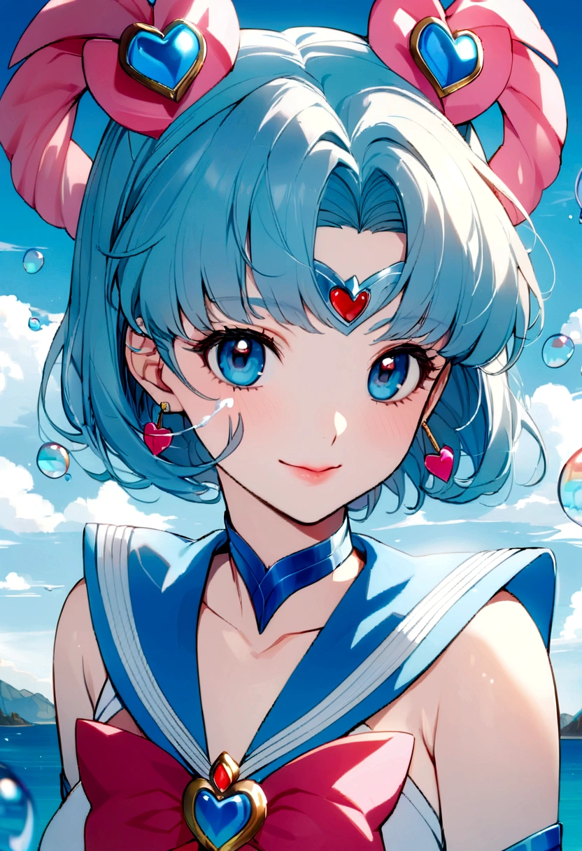 (In 8K、Highest quality、masterpiece:1.2)、One woman、(A cheerful smile:1.1)、Beautiful Eyes、valley、Upper body、Like a boy、Sea view、bishoujo senshi sailor moon, anime「Sailor Moon」, Sailor Mercury,  Elegant and delicate eyes, Detailed facial features, Long eyelashes, Beautiful lip detail, Graceful pose, Vibrant colors, Soft and dreamy, Magical Girl Fantasy,Soap bubble,Fantasy,Light blue short hair