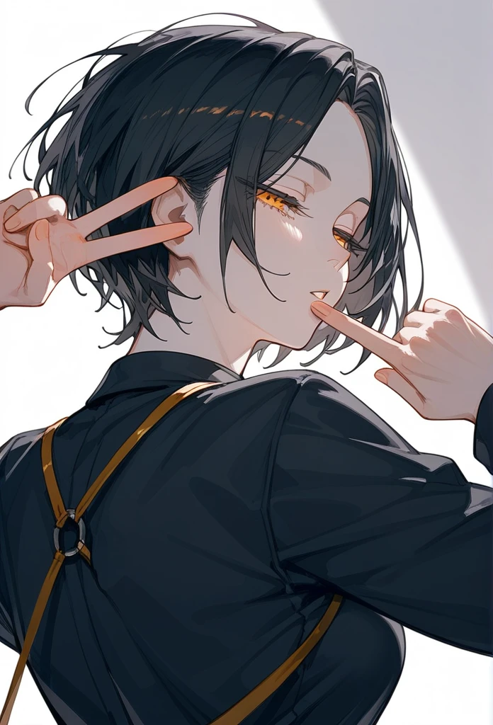 masterpiece, Score_9, Score_8_up, Score_7_up, rear view, 1 woman, alone, dark black hair, very short hair, long parted bangs, gold and orange eyes, half-closed eyes, parted lips, expressionless, pale skin, large breasts, top body,
Long open bangs, with a mole below the mouth, cut style (boy), No bangs, basic black shirt with V-neckline and straps.