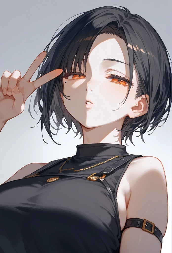 masterpiece, Score_9, Score_8_up, Score_7_up, rear view, 1 woman, alone, dark black hair, very short hair, long parted bangs, gold and orange eyes, half-closed eyes, parted lips, expressionless, pale skin, large breasts, top body,
 Long open bangs, with a mole below the mouth, cut style (boy), No bangs, basic black shirt with V-neckline and straps.