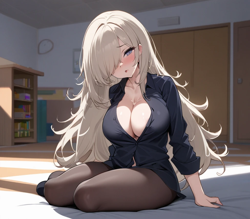 (SLE, mksks style, detailed background:1.1), (solo:1.3), mature, woman, milky skin, teacher, unbuttoned blouse, beautiful hair, hair over eye, voluptuous body, horny, full body view, head tilt, close up, volumetric lighting, (indoor:1.3), preschool, sitting down, moaning, titfuck, tittyfucking student, age difference, small cock, breasts, cock in between breasts