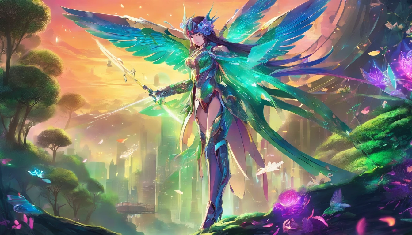 warrior in hummingbird armor, with face with glowing magic tattoos, green neon details, with technological medieval armor with glowing magic marks, full body, hummingbird beak sword with glowing magic marks.  Epic scene, wide and deep scenery, with several depth planes, stylish and dynamic pose.  In the middle of a retro atompunk magical metropolis, mixing technology and greenery, buildings with neon details and glowing magical vegetation.