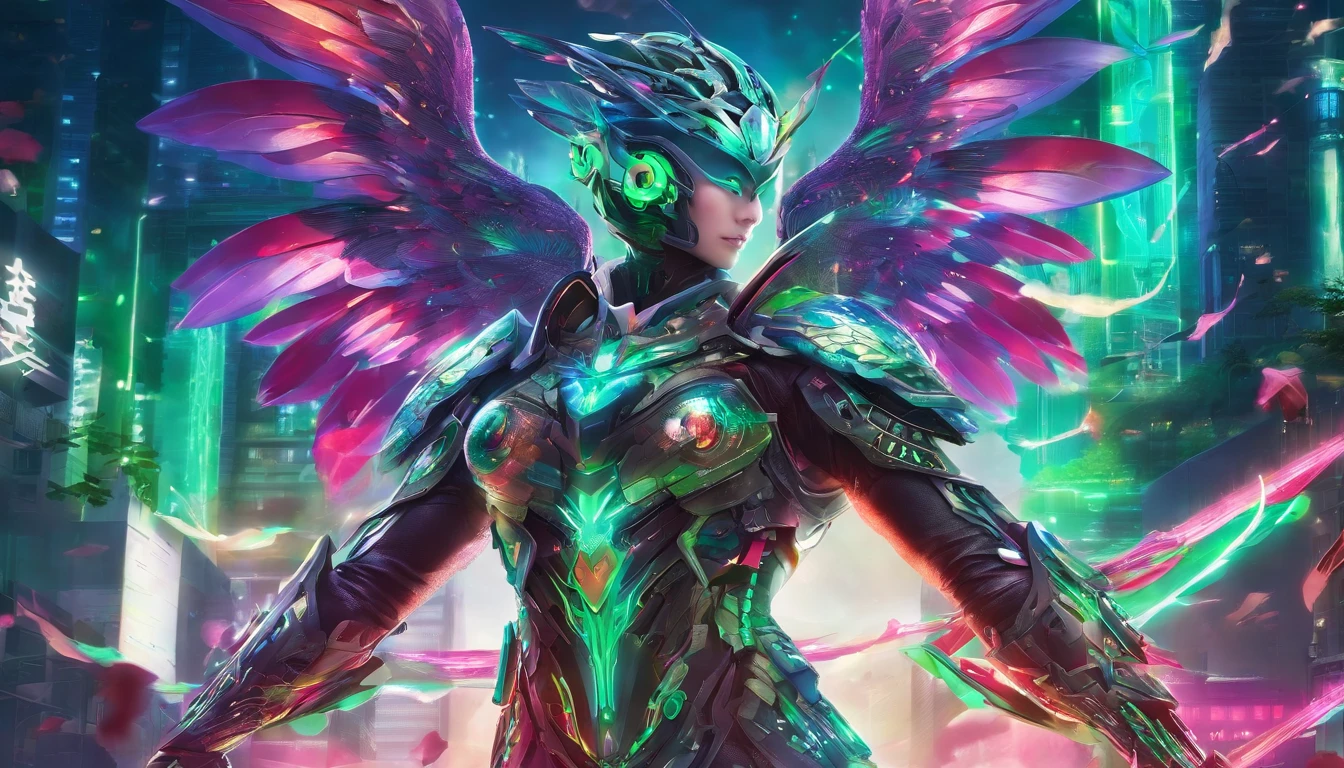 warrior in hummingbird armor, with face with glowing magic tattoos, green neon details, with technological medieval armor with glowing magic marks, full body, hummingbird beak sword with glowing magic marks. Epic scene, wide and deep scenery, with several depth planes, stylish and dynamic pose. In the middle of a retro atompunk magical metropolis, mixing technology and greenery, buildings with neon details and glowing magical vegetation.