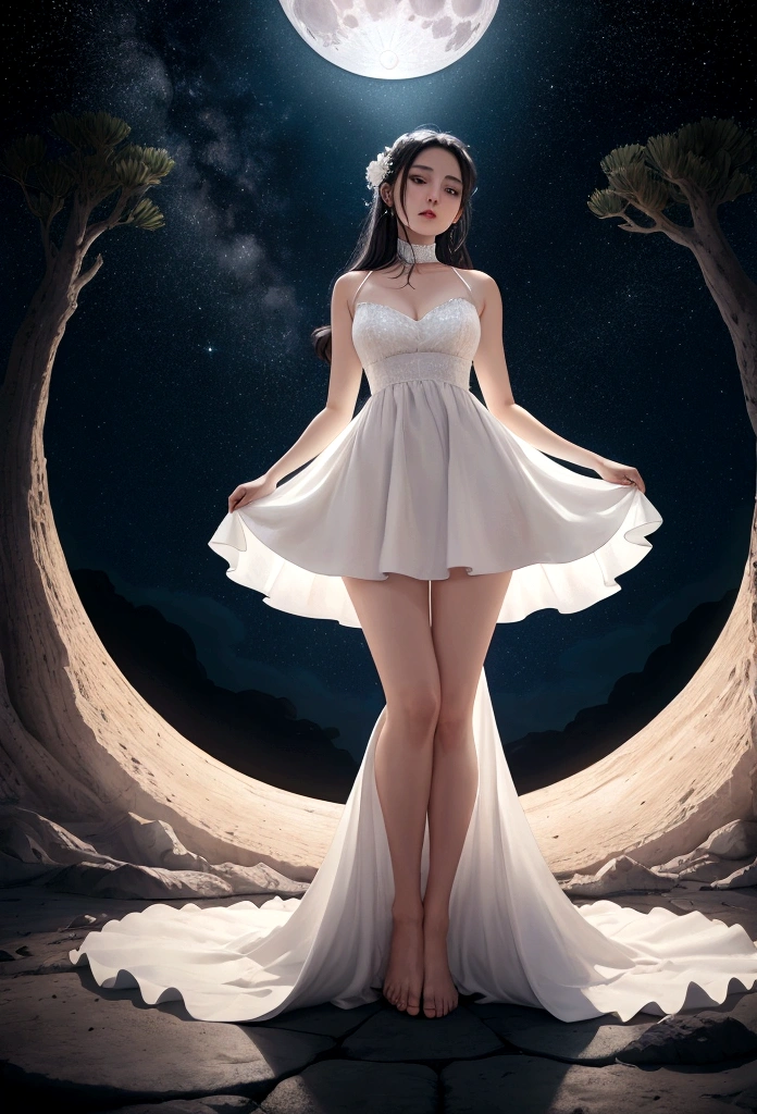 Night with full moon, starry sky, woman in a white dress with her feet on top of the moon, shining, in an open space