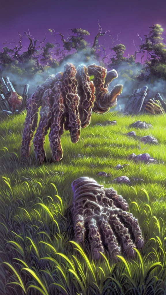 A Close Up shot Of A Zombie’s hand coming out of the ground,((goosebumps art by tim jacobus))),book titled “revenge of the graveyard ghouls”,(all crispy hands)