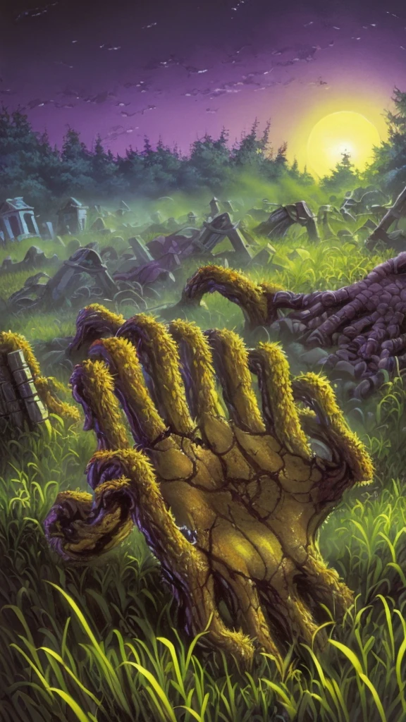 A Close Up shot Of A Zombie’s hand coming out of the ground,((goosebumps art by tim jacobus))),book titled “revenge of the graveyard ghouls”,(all crispy hands)