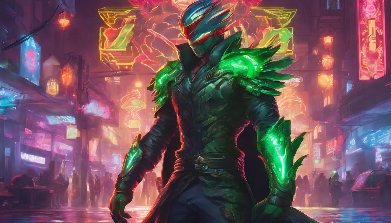 warrior in hummingbird armor, with face with glowing magic tattoos, green neon details, with technological medieval armor with glowing magic marks, full body, hummingbird beak sword with glowing magic marks.  Epic scene, wide and deep scenery, with several depth planes, stylish and dynamic pose.  In the middle of a retro atompunk magical metropolis, mixing technology and greenery, buildings with neon details and glowing magical vegetation.