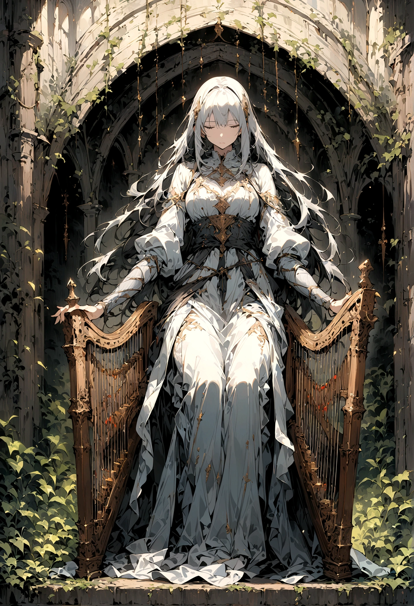 (HD), (masterpiece), (best quality), (Super detailed), (Best illustration), woman, Instrument 2Harp, whole body, middle Ages, Alone。