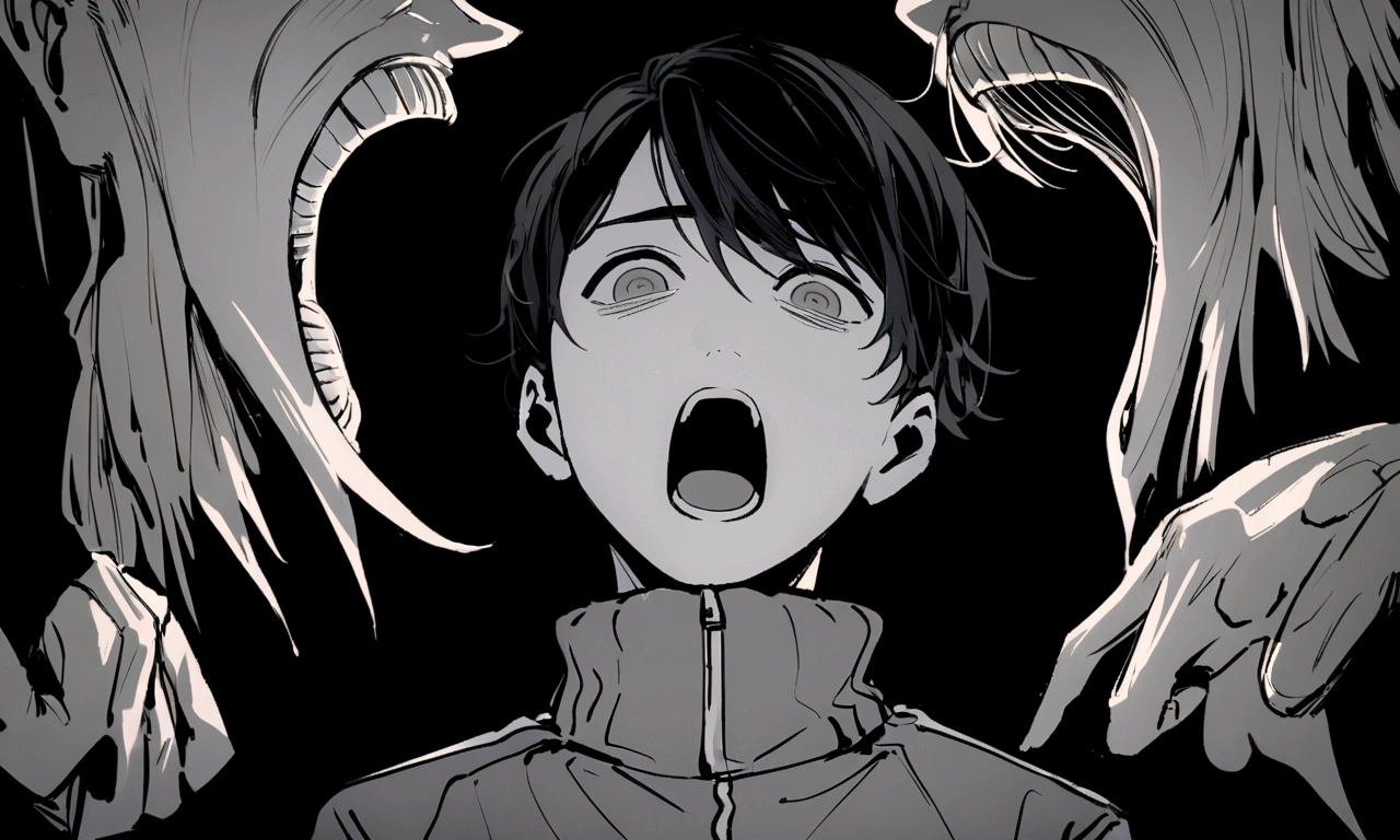 black and white drawing, black background, human, 26 year old male, black neat hair, a lonely face, wearing gray tracksuit, squat down, raise one&#39;s eyes, scream, shout, nier.
