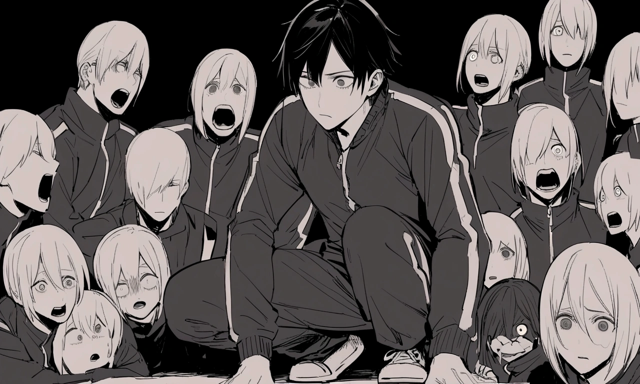 black and white drawing, black background, human, 26 year old male, black neat hair, a lonely face, wearing gray tracksuit, squat down, raise one's eyes, scream, shout, nier.