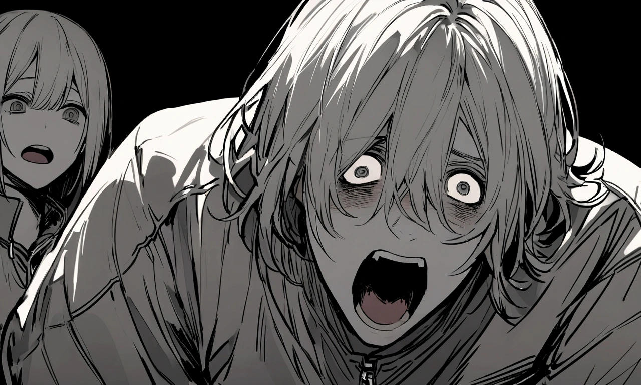 black and white drawing, black background, human, 26 year old male, black neat hair, a lonely face, wearing gray tracksuit, squat down, raise one's eyes, scream, shout, nier.