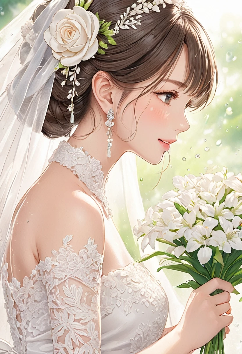 BREAK Perfect Anatomy、(High resolution:1.2)、Incredible illustrations、(Cute illustrations:1.2)、(Beautiful background)Bride receiving a rice shower (colored pencil (medium))