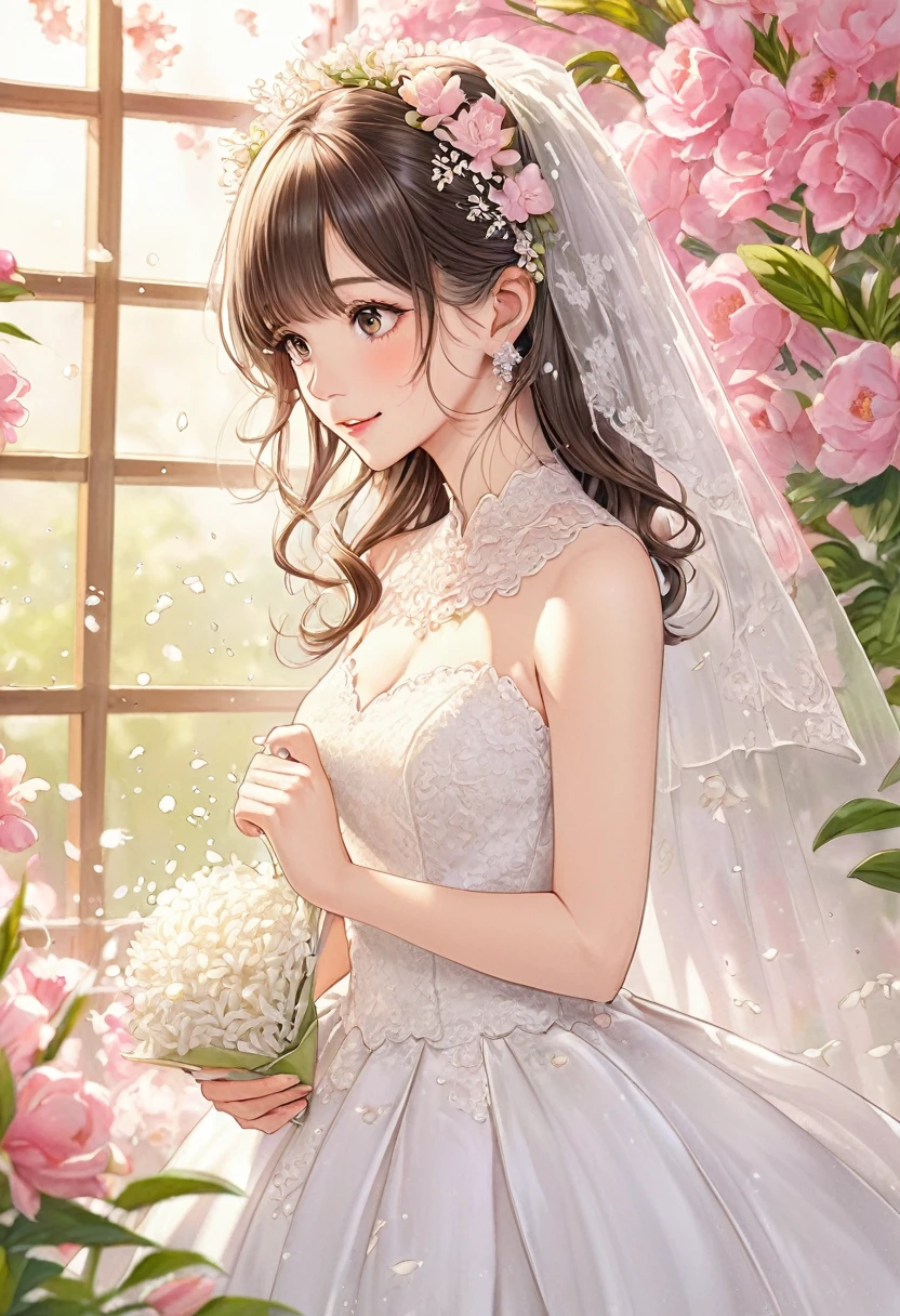 BREAK Perfect Anatomy、(High resolution:1.2)、Incredible illustrations、(Cute illustrations:1.2)、（Beautiful background）Bride receiving a rice shower　(colored pencil (medium))