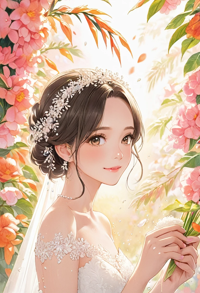 BREAK Perfect Anatomy、(High resolution:1.2)、Incredible illustrations、(Cute illustrations:1.2)、(Beautiful background)Bride receiving a rice shower (colored pencil (medium))