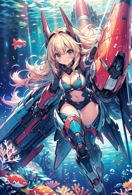 masterpiece, Highest quality, High resolution, Highly detailed CG, Absurd, High resolution, One girl, alone, A girl in a mecha suit moving at high speed under the sea with a rocket booster,headgear,Thighs, Cleavage, Jets, torpedo, Surrounded by bubbles, Coral, ((In the water)), Colorful portrait
