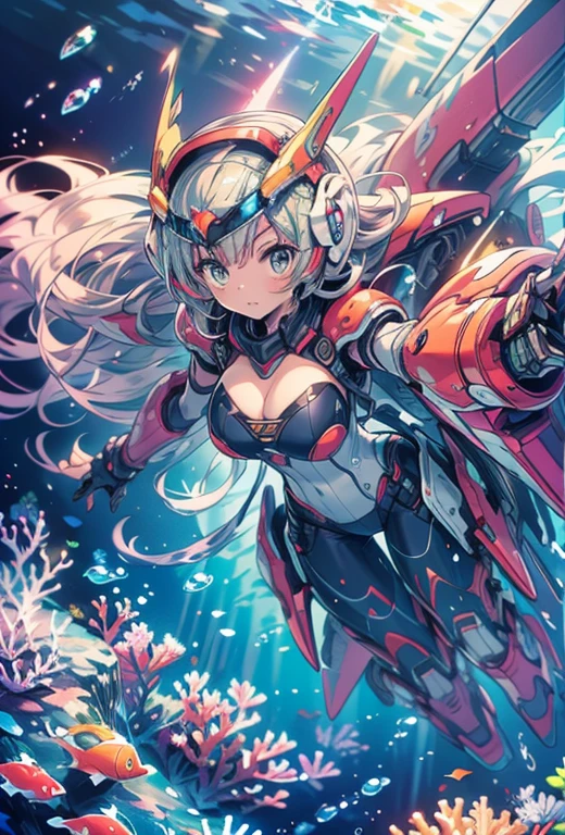 masterpiece, best quality, high resolution, extremely detailed CG, absurdres, highres, 1girl, solo, a girl in mech suit moving fast with rocket boosters under the sea,headgear,Thighs, cleavage, jets, torpedo, arounded by bubbles, coral, red_hair,Colorful portraits