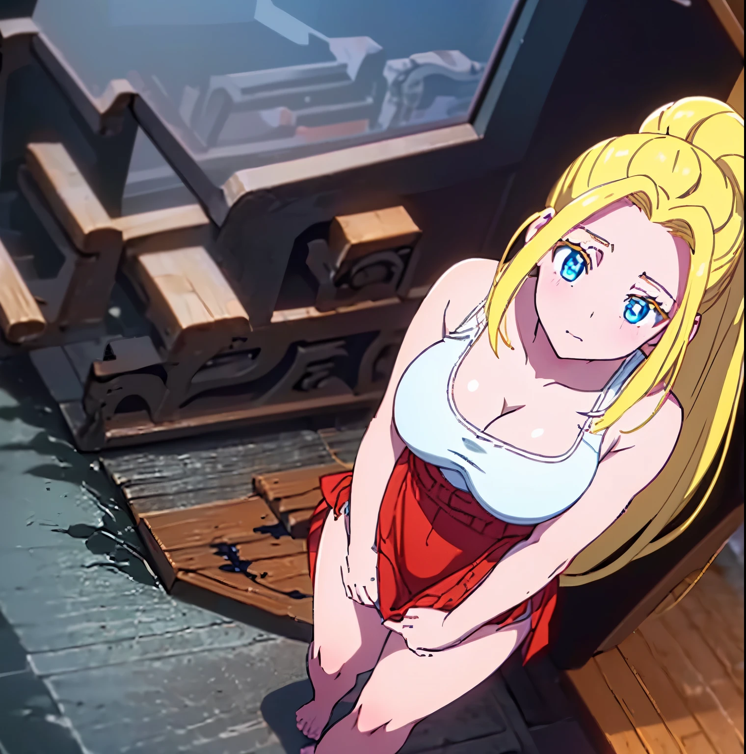 ((1 girl)),((alone)), Beatrix Amerhauser ((Extremely detailed CG Unity 4k wallpaper)), (Masterpiece), (Ultra quality), (Ultra detailed), (Best illustration), (Best shadow), (extremely detailed), (absurdities), (detailed background), curvy body, dynamic pose, cowboy photo, big breasts, narrow waist, wide hips, medium thighs, round butt, long hair, blue eyes, hair blonde, gloves, ponytail, young woman, beautiful detailed eyes, looking at viewer, seductive look, ((partially naked, red apron, bare shoulders, bare legs, bare back, barefoot)) Backlit, ((sólo)), ((standing: 1.4, indoor, bedroom, window, night, moon, cityscape, city lights)), looking forward, ((focus on breasts), point of view: (from above), perfect anatomy , perfect hands