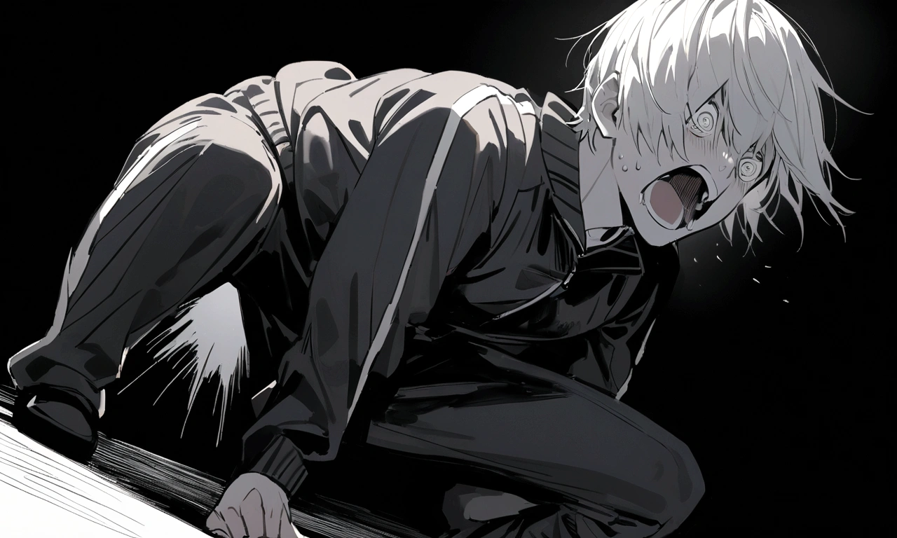 black and white drawing, black background, human, 26 year old male, black neat hair, a lonely face, wearing gray tracksuit, squat down, raise one's eyes, scream, shout, nier.