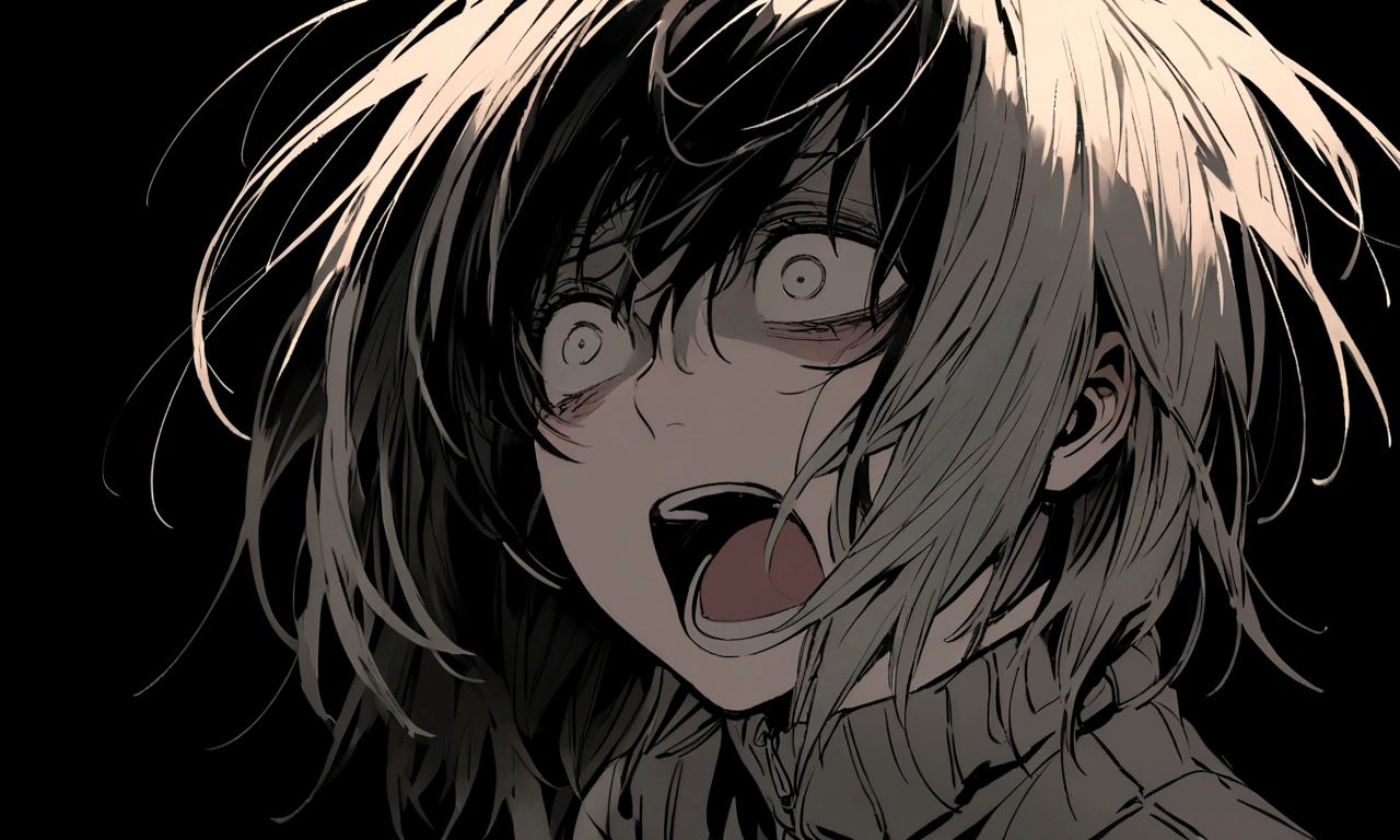 black and white drawing, black background, human, 26 year old male, black neat hair, a lonely face, wearing gray tracksuit, squat down, raise one's eyes, scream, shout, nier.