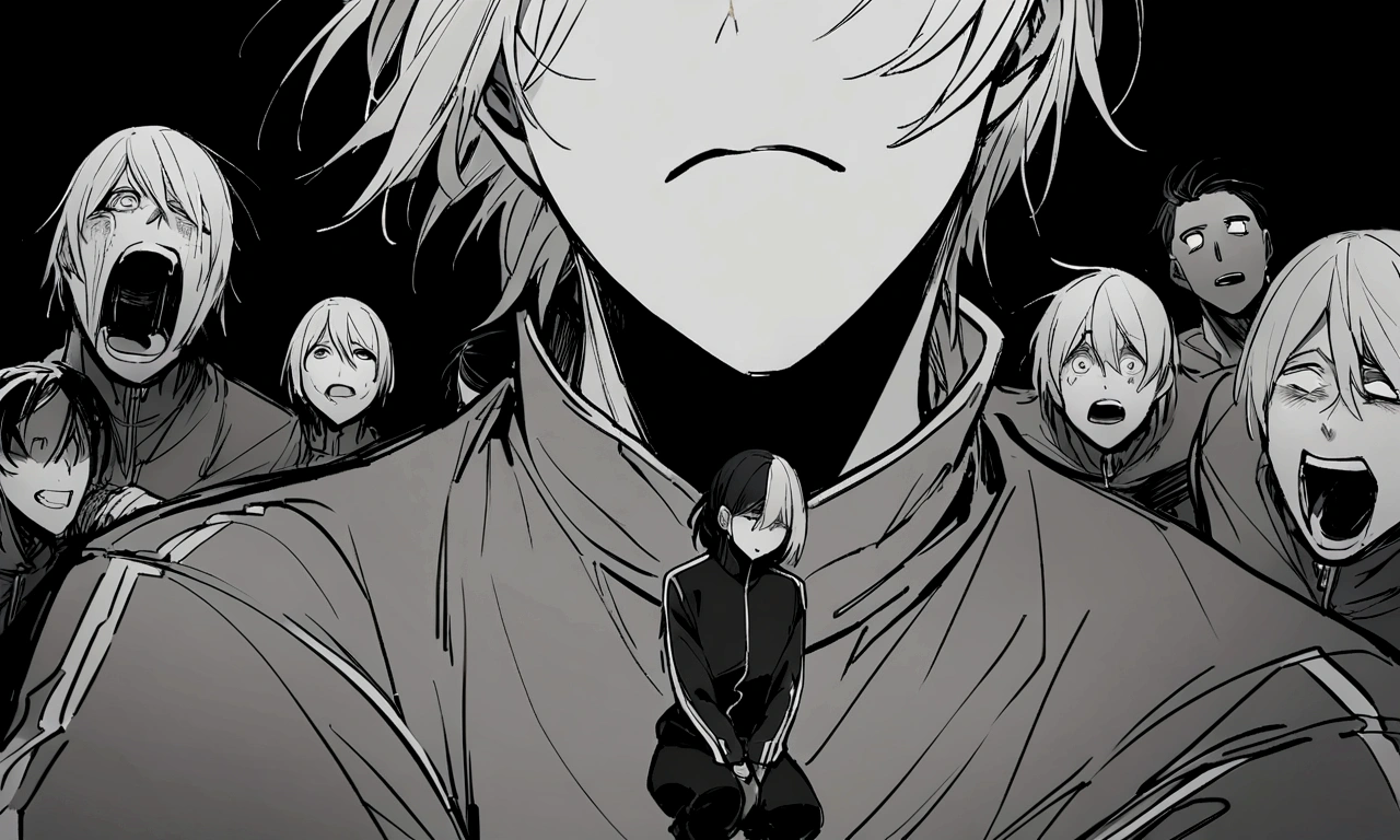 black and white drawing, black background, human, 26 year old male, black neat hair, a lonely face, wearing gray tracksuit, squat down, raise one's eyes, scream, shout, nier.
