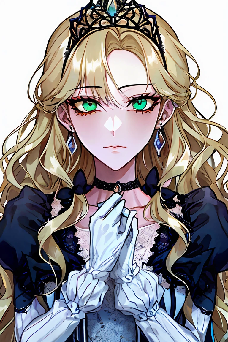 shoujo-style, floral background, romance manhwa, 1girl, blonde hair, solo, long hair, flower, dress, tiara, white dress, gloves, long sleeves, choker, green eyes, mascara, makeup, white gloves, black bow, black flower, wavy hair, bow, jewelry, looking at viewer, white background, collarbone, puffy sleeves, silver accessories, upper body, parted bangs, very long hair, blue dress, frills, bangs, closed mouth, (close up), gleaming skin, shiny glossy skin