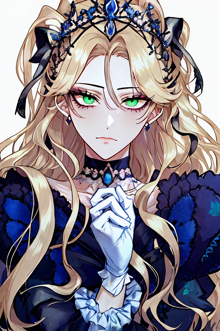 shoujo-style, floral background, romance manhwa, 1girl, blonde hair, solo, long hair, flower, dress, tiara, white dress, gloves, long sleeves, choker, green eyes, mascara, makeup, white gloves, black bow, black flower, wavy hair, bow, jewelry, looking at viewer, white background, collarbone, puffy sleeves, silver accessories, upper body, parted bangs, very long hair, blue dress, frills, bangs, closed mouth, (close up), gleaming skin, shiny glossy skin
