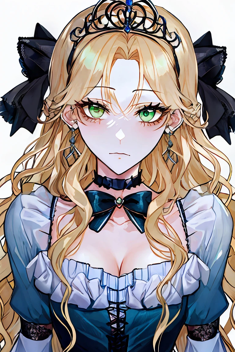 shoujo-style, floral background, romance manhwa, 1girl, blonde hair, solo, long hair, flower, dress, tiara, white dress, gloves, long sleeves, choker, green eyes, mascara, makeup, white gloves, black bow, black flower, wavy hair, bow, jewelry, looking at viewer, white background, collarbone, puffy sleeves, silver accessories, upper body, parted bangs, very long hair, blue dress, frills, bangs, closed mouth, (close up), gleaming skin, shiny glossy skin