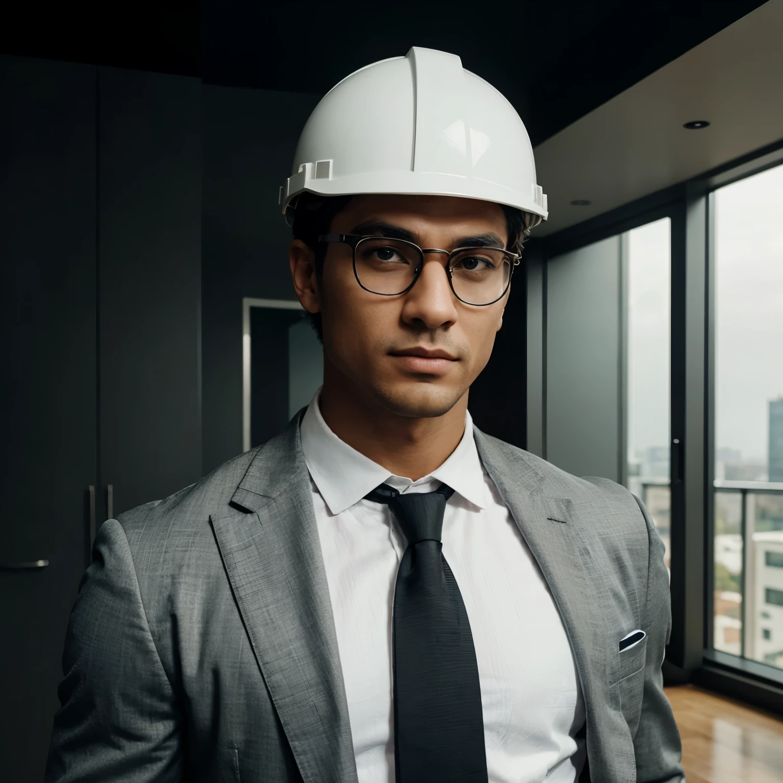 Avatar of an attractive man with the appearance of an architect, with a muscular and defined physique. He is looking at the camera. He wears stylish glasses and a construction helmet on his head, He has a confident and charismatic expression. Wear professional attire: a dark suit jacket, White shirt and tie. The background is simple, highlighting his face and torso, with subtle elements that suggest his profession.